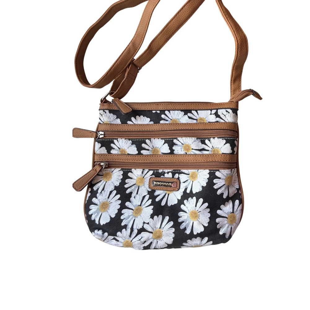 Rosetti Womens Daisy Floral Crossbody Bag Black Brown Canvas Triple Zip Purse - Picture 2 of 7
